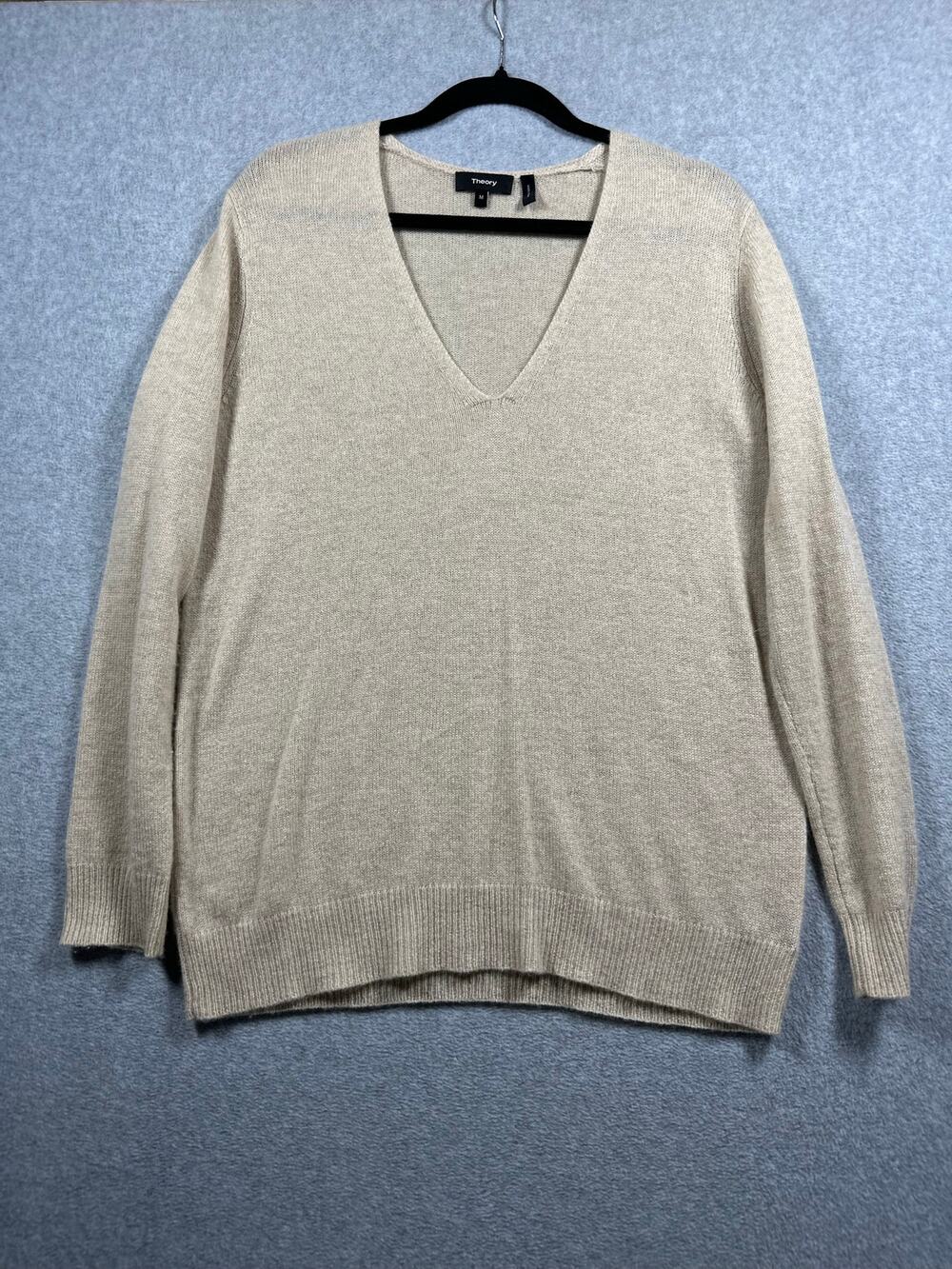 Theory Cashmere V-Neck Pullover Sweater Women's Medium Beige Oatmeal